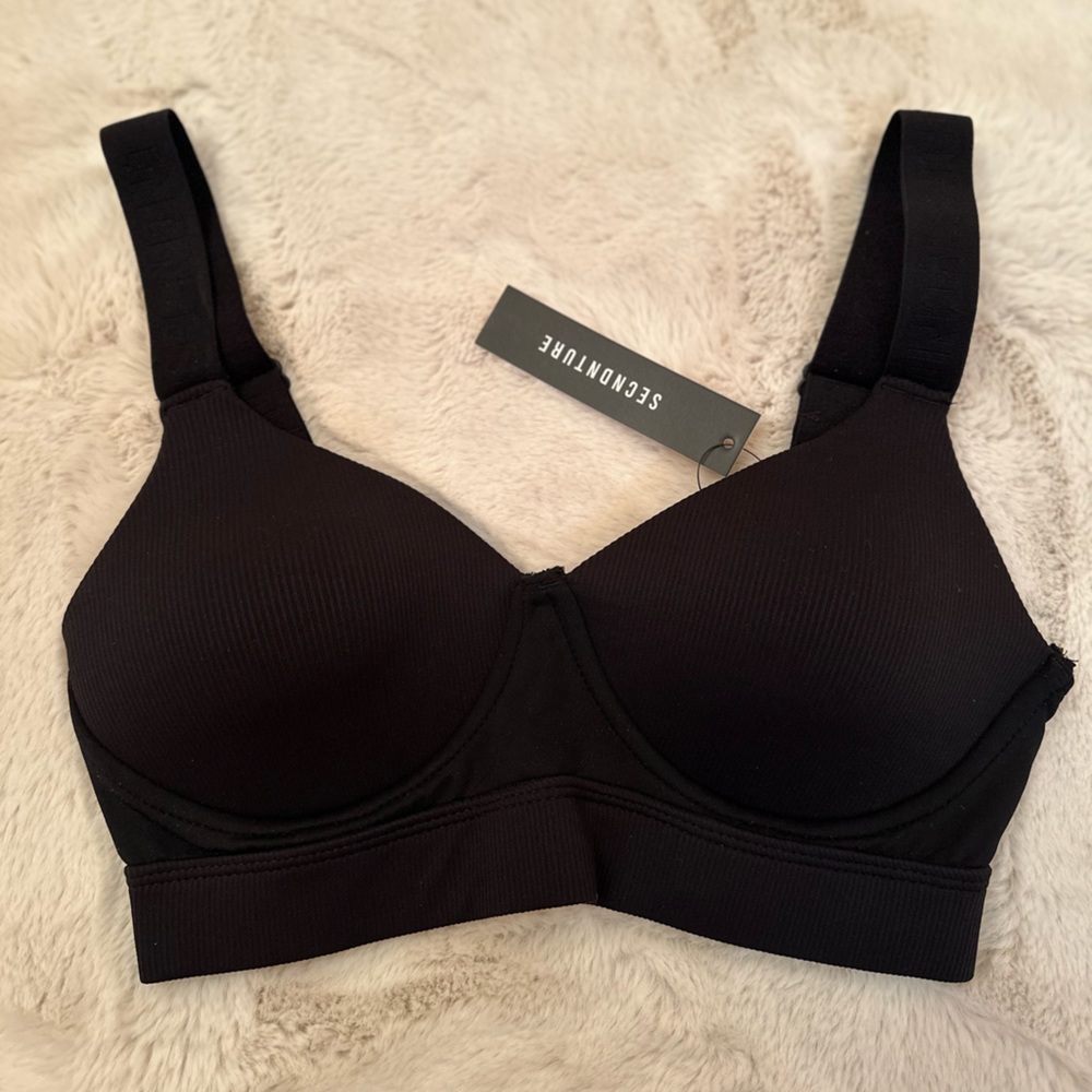 SECNDNTURE Black Ribbed Support Bra NWT Size Small
